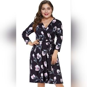 Dark Blue Black Floral Faux Wrap Long Sleeve Dress